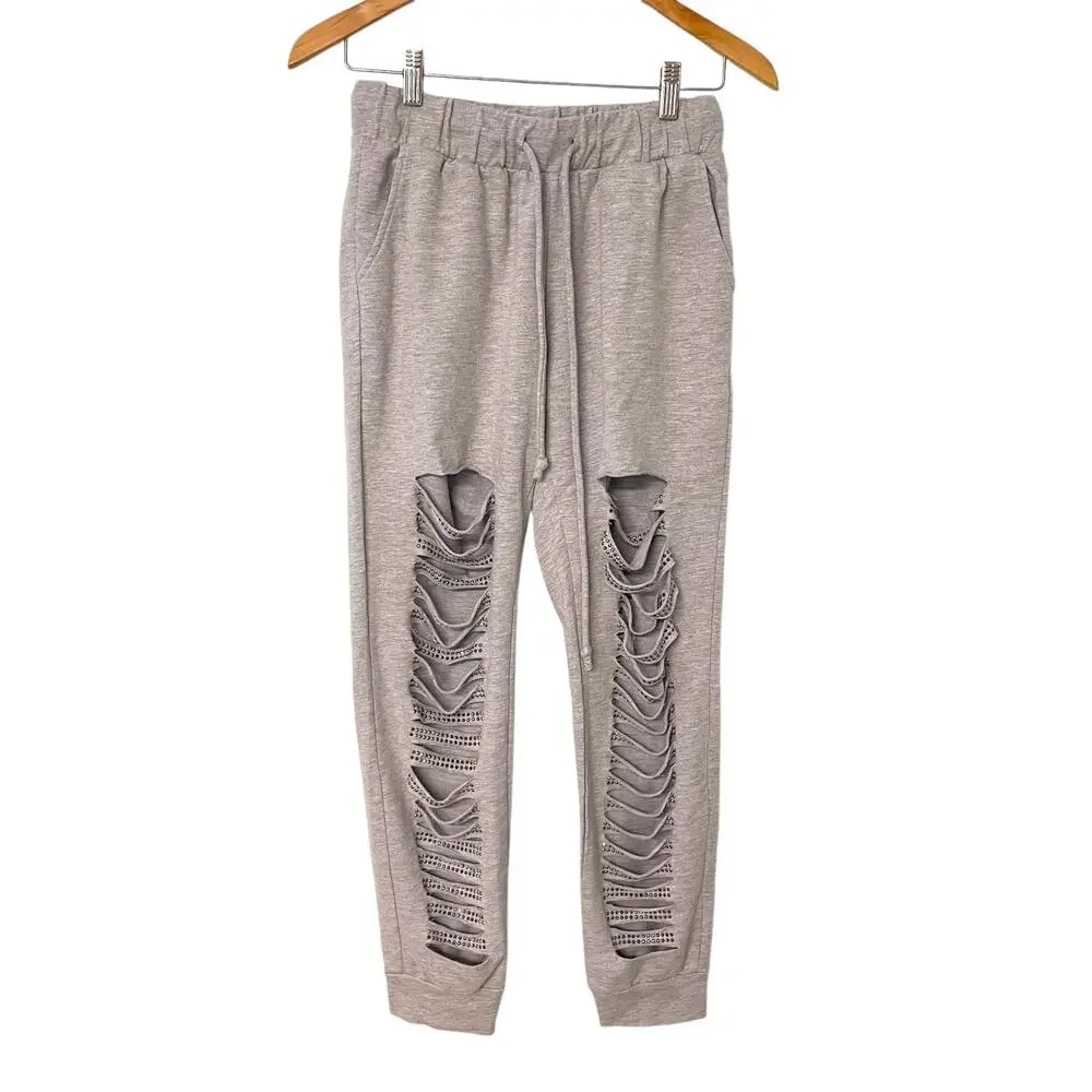 Vocal Distressed Joggers Grey Sweatpants Silver Studs S - Picture 1 of 5